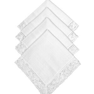 White Cloth Dinner Napkins Lace Trim Set of 4 Classy Elegant Fabric Square 17.5"